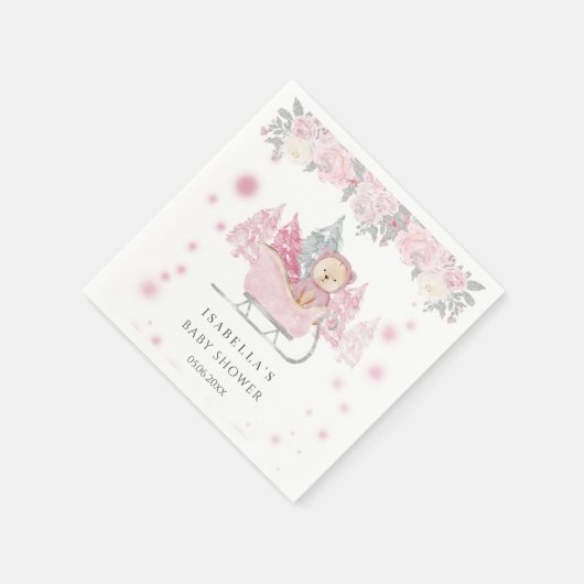 Serviette En Papier Hiver Rose Teddy Bear Sleigh Girl Baby shower (Coin)
