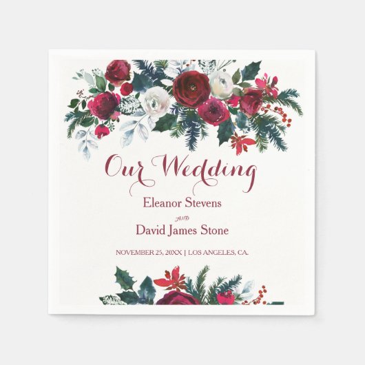 Serviette En Papier Hiver rustique bordeaux pin vert mariage floral (Devant)