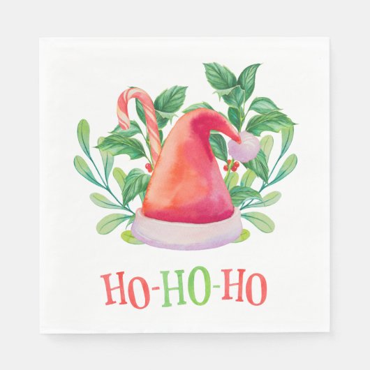 Serviette En Papier Ho Ho Ho. Noël aquarelle fleuri. Père Noël (Devant)