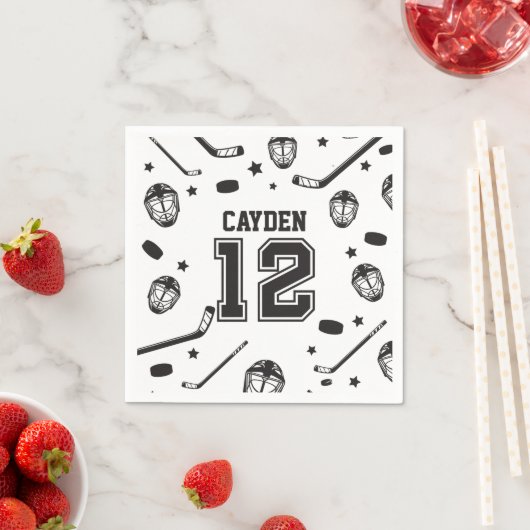 Serviette En Papier Hockey noir et blanc 12e anniversaire (En situation)