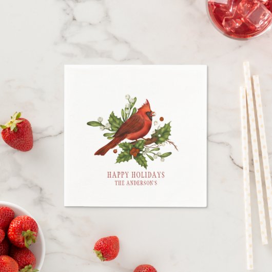 Serviette En Papier Holly Berry Cardinal Holiday Monogram Mistletoe (En situation)