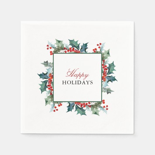 Serviette En Papier Holly et Berries Joyeuses Fêtes (Devant)