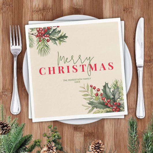 Serviette En Papier Holly et Pine sur la fête de Noël beige