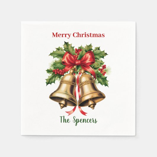 Serviette En Papier Holly Feuilles & Berries Gold Bells Joyeux Noël (Devant)