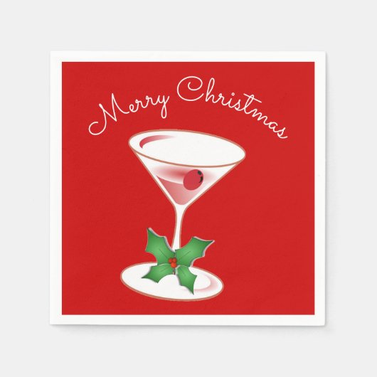 Serviette En Papier Holly Martini Cocktails Joyeux Noël Party Rouge (Devant)