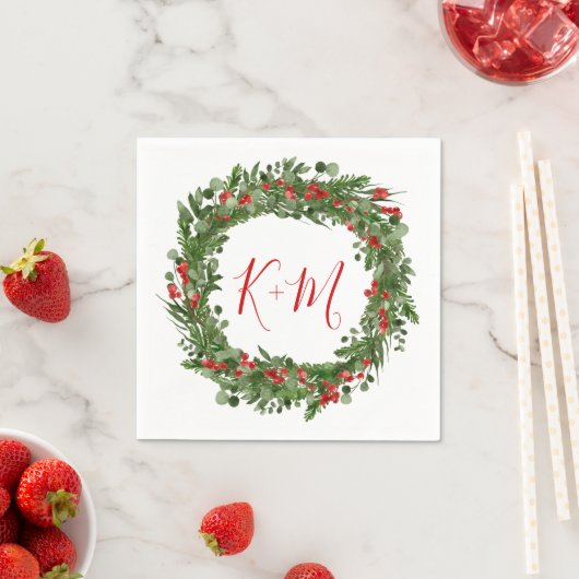 Serviette En Papier Holly Red Berry Mariage de couronne de Noël Monogr (En situation)