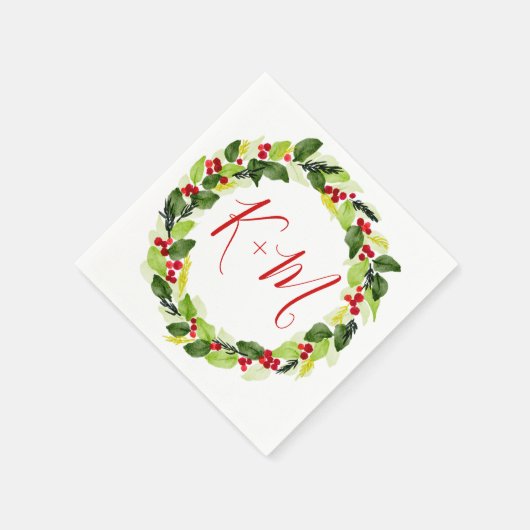 Serviette En Papier Holly Red Berry Mariage de Noël Monogramme (Coin)