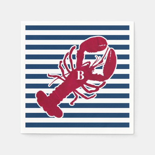 Serviette En Papier Homard rouge nautique Monogramme Bleu Bleu Blancs (Devant)