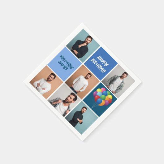 Serviette En Papier Hommes Photo Collage personnalisé bleu fête d'anni (Coin)
