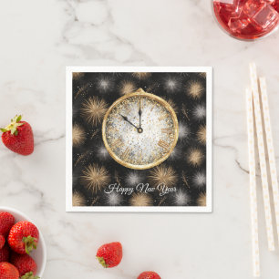 Serviette En Papier Horloge du Nouvel An Feux d'Artifice Argent Or Cli