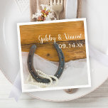 Serviette En Papier Horseshoe et Pearls Country Western Mariage<br><div class="desc">Customisez les charmantes serviettes en papier Mariage Horseshoe and Pearls Country Western avec le nom personnel de la date de la cérémonie de mariage de la mariée et du marié et de la grange. Ces serviettes de mariages équines chic rustiques sont ornées d'une photographie pittoresque d'un fer à cheval rouillé,...</div>