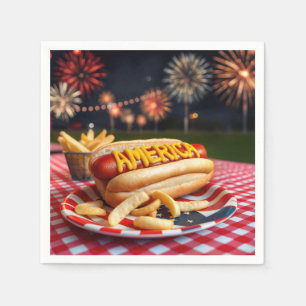 Serviette En Papier Hot Dog with America Text et Fireworks