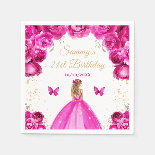 Serviette En Papier Hot rose Blonde cheveux Princesse Anniversaire (Devant)