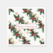 Serviette En Papier Houx de Noël Baies Rouges Cônes de Pin Ruban Doré (Devant)