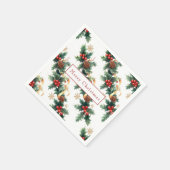 Serviette En Papier Houx de Noël Baies Rouges Cônes de Pin Ruban Doré (Coin)