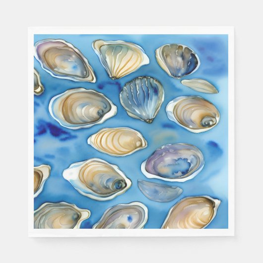 Serviette En Papier Huîtres Clams Coquillages Aquarelle Bleu (Devant)
