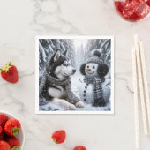 Serviette En Papier Husky et Snowman dans les bois d'hiver (En situation)