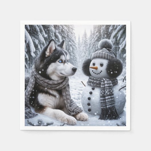 Serviette En Papier Husky et Snowman dans les bois d'hiver (Devant)