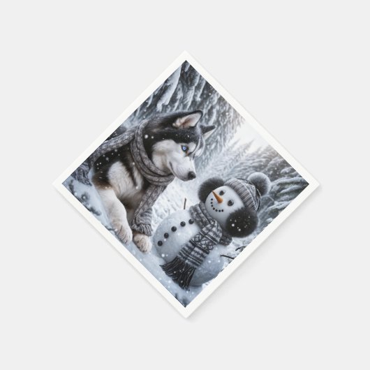 Serviette En Papier Husky et Snowman dans les bois d'hiver (Coin)
