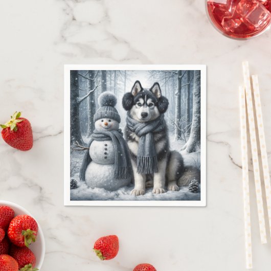 Serviette En Papier Husky Sibérien Avec Snowman (En situation)