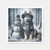 Serviette En Papier Husky Sibérien Avec Snowman (Devant)