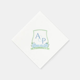 Serviette En Papier Hydrangea Bleu Aquarelle Monogramme Mariage Vert