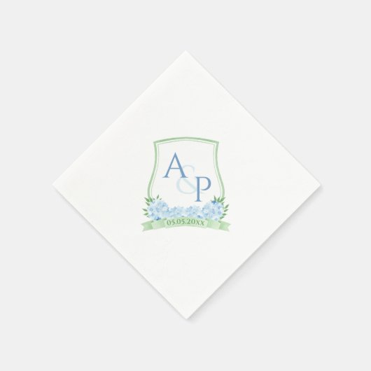 Serviette En Papier Hydrangea Bleu Aquarelle Monogramme Mariage Vert (Coin)