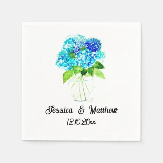 Serviette En Papier Hydrangea Blue Aquarelle nature fleurie Mariages (Devant)