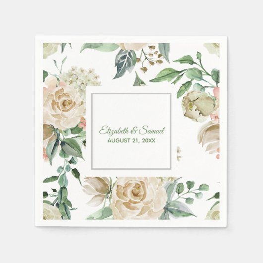 Serviette En Papier Hydrangea Crème Rose Beige Mariage Marié (Devant)