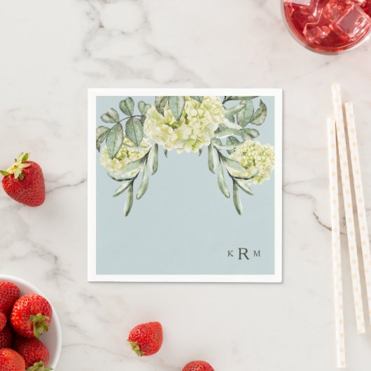Serviette En Papier Hydrangea Foliage Monogramme Dusty Blue Cocktail (En situation)