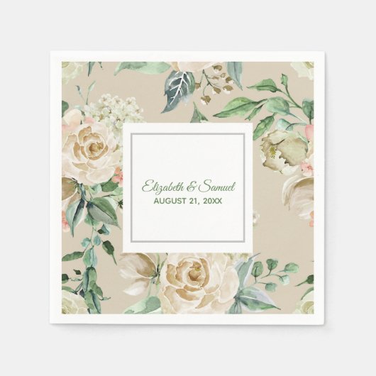Serviette En Papier Hydrangea Rose Blanche Mariée Beige Marié Mariage (Devant)