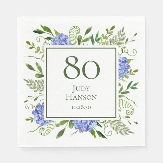 Serviette En Papier Hydrangeas bleues pour 80e anniversaire (Devant)