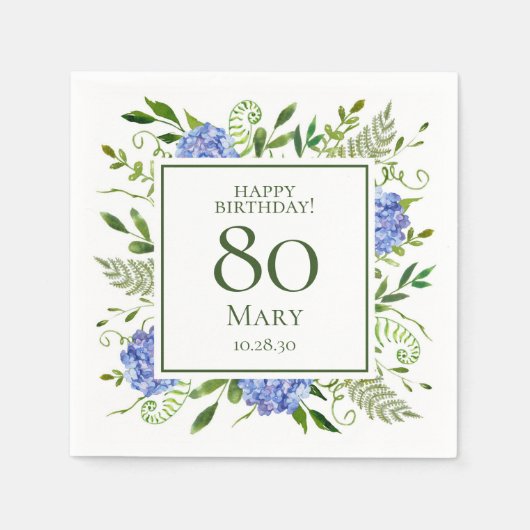Serviette En Papier Hydrangeas bleues pour 80e anniversaire (Devant)
