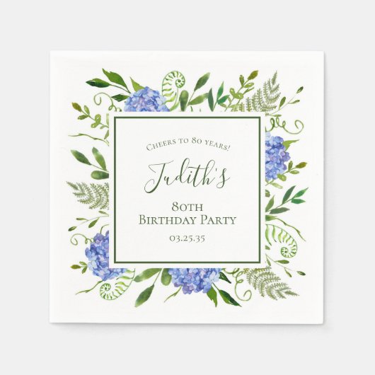 Serviette En Papier Hydrangeas bleues pour 80e anniversaire (Devant)