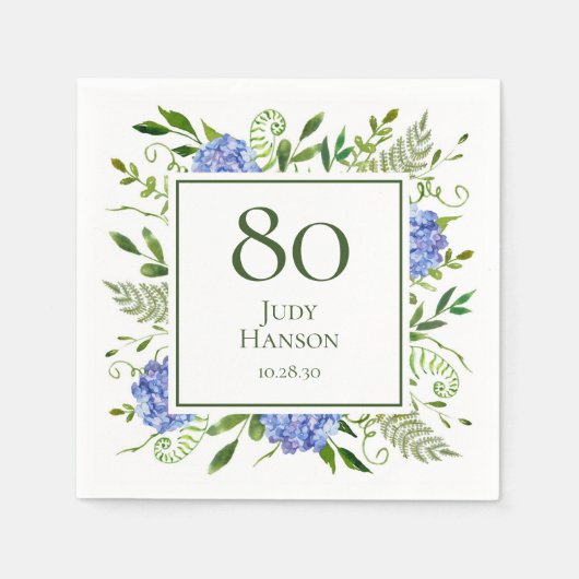 Serviette En Papier Hydrangeas bleues pour 80e anniversaire (Devant)