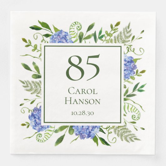 Serviette En Papier Hydrangeas bleues pour 85e anniversaire (Devant)