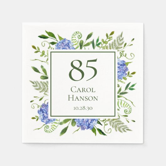 Serviette En Papier Hydrangeas bleues pour 85e anniversaire (Devant)