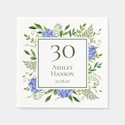 Serviette En Papier Hydrangeas bleus pour 30e anniversaire (Devant)