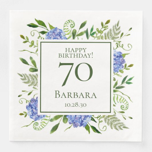 Serviette En Papier Hydrangeas bleus pour 70e anniversaire (Devant)