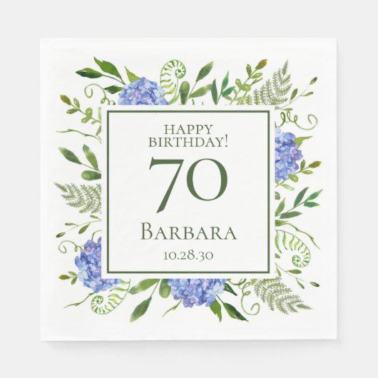 Serviette En Papier Hydrangeas bleus pour 70e anniversaire (Devant)