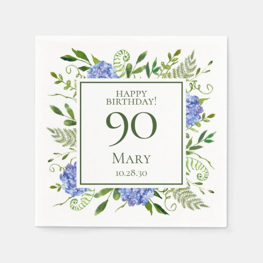 Serviette En Papier Hydrangeas bleus pour 90e anniversaire (Devant)