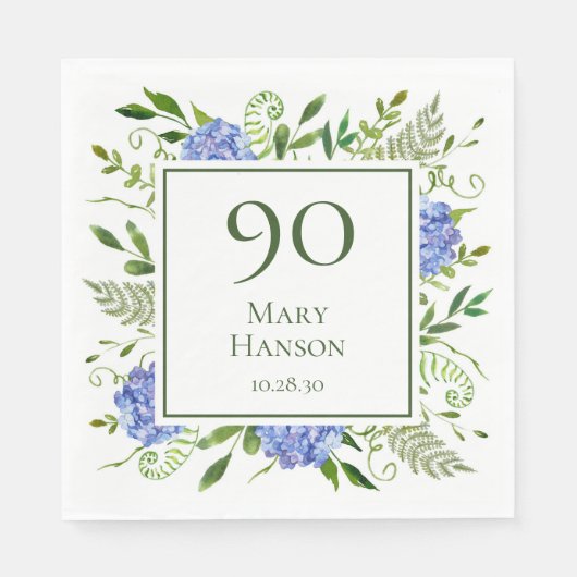 Serviette En Papier Hydrangeas bleus pour 90e anniversaire (Devant)