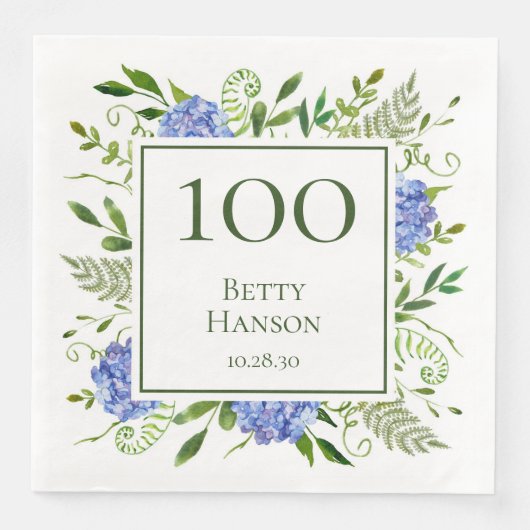 Serviette En Papier Hydrangeas bleus pour les 100 ans (Devant)
