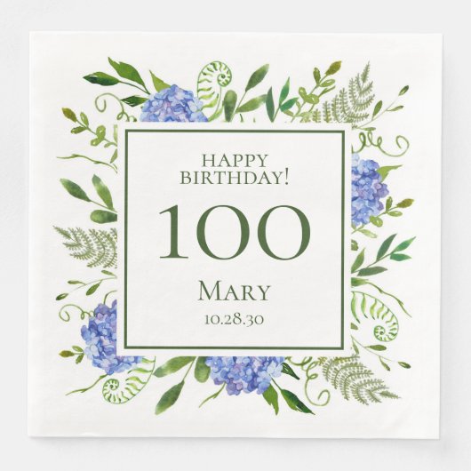 Serviette En Papier Hydrangeas bleus pour les 100 ans (Devant)