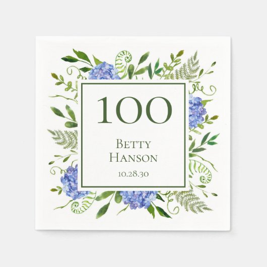Serviette En Papier Hydrangeas bleus pour les 100 ans (Devant)