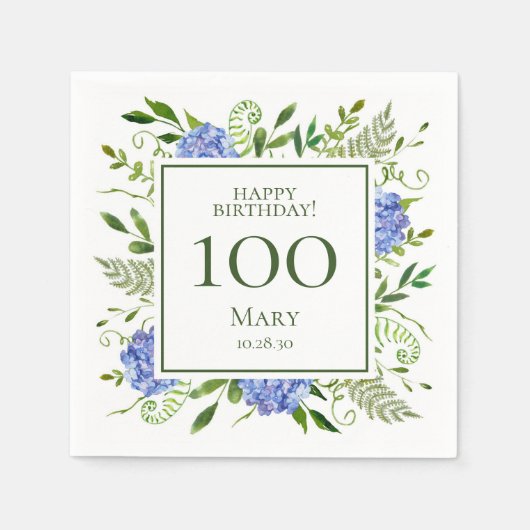 Serviette En Papier Hydrangeas bleus pour les 100 ans (Devant)