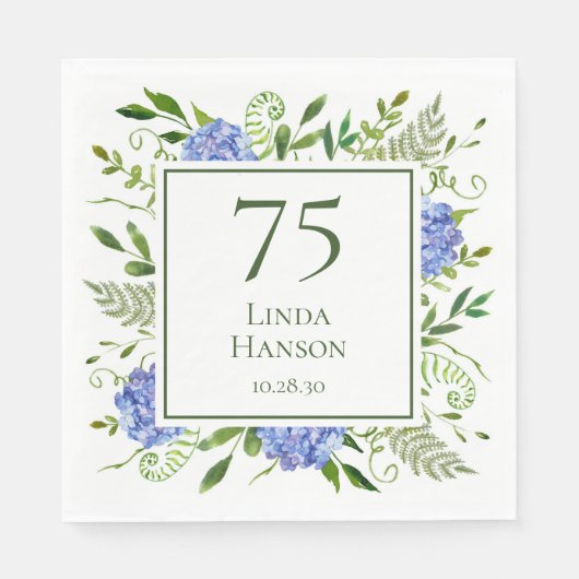 Serviette En Papier Hydrangeas Bleus pour les 75 ans (Devant)