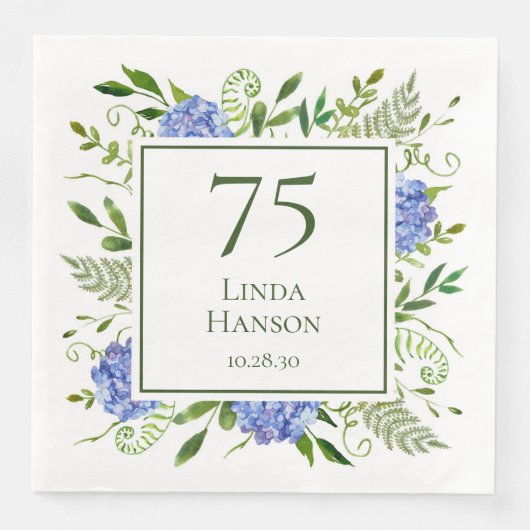 Serviette En Papier Hydrangeas Bleus pour les 75 ans (Devant)