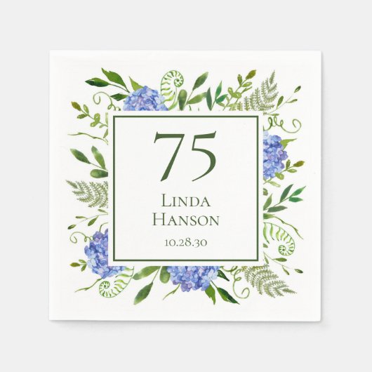 Serviette En Papier Hydrangeas Bleus pour les 75 ans (Devant)