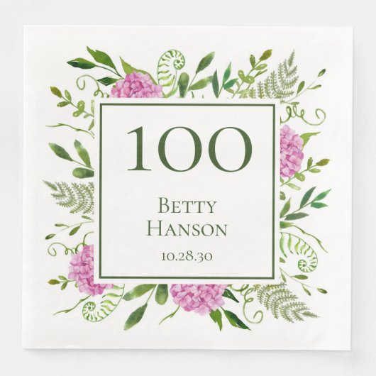 Serviette En Papier Hydrangeas roses pour 100e anniversaire (Devant)
